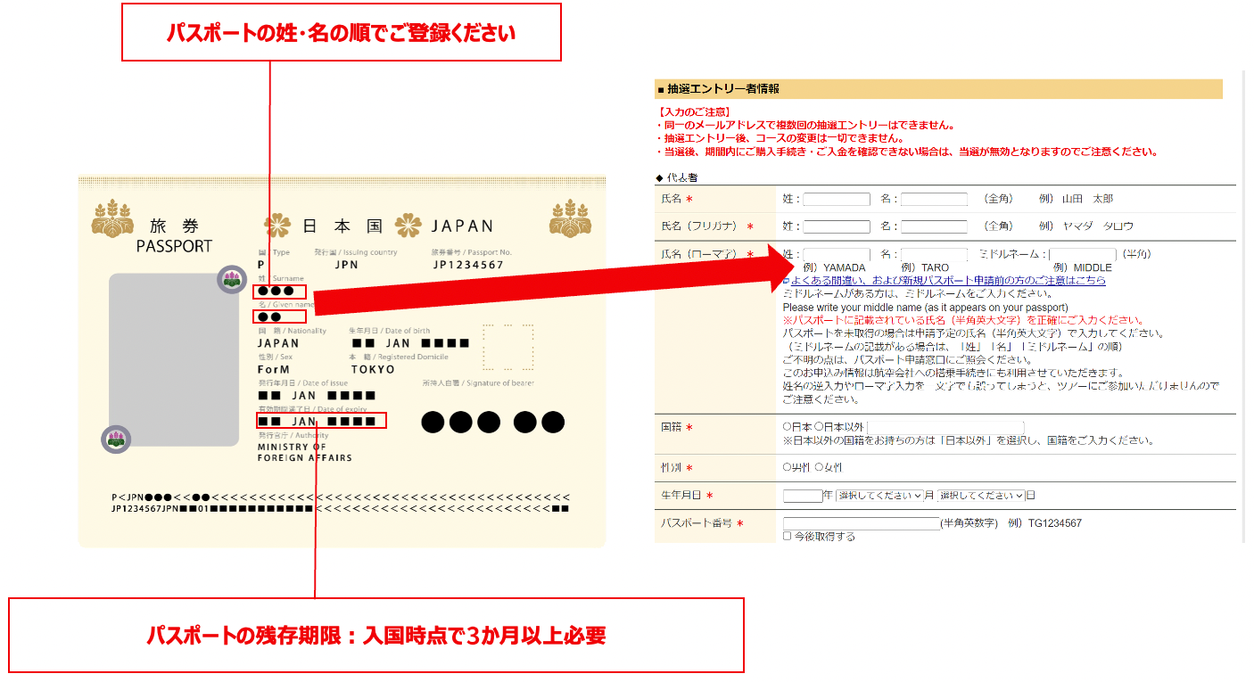 パスポートの姓・名の順でご登録ください。パスポートの残存期限：入国時点で3か月以上必要。